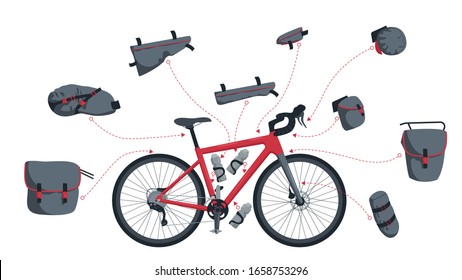 Saddle, frame, handlebar bags on the front and rear trunk for a tourist, touring, gravel bike. Kit on bike packing. Bicycle bottle. Isolated vector illustration