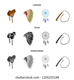 Saddle, Indian mohawk, whip, dream catcher.Wild west set collection icons in cartoon,black,monochrome style vector symbol stock illustration web.