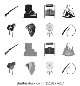 Saddle, Indian mohawk, whip, dream catcher.Wild west set collection icons in black,monochrome style vector symbol stock illustration web.