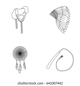 Saddle, Indian mohawk, whip, dream catcher.Wild west set collection icons in outline style vector symbol stock illustration web.