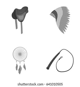 Saddle, Indian mohawk, whip, dream catcher.Wild west set collection icons in monochrome style vector symbol stock illustration web.