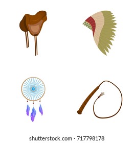 Saddle, Indian mohawk, whip, dream catcher.Wild west set collection icons in cartoon style vector symbol stock illustration web.