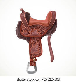 Saddle with ornaments and embroidery for equestrian sport and entertainment isolated on a white background
