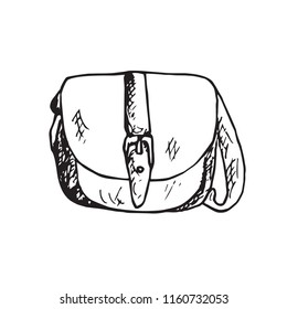 Saddle type bag with long handle, isolated hand drawn black and white outline doodle, sketch, vector illustration