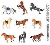 Saddled horses. Galloping and trotting horse, equestrian sport racehorses with saddles in standing, running, rearing and jumping poses. Equine animals isolated vector illustration set.