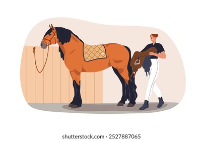 Saddling horse for riding. Female rider preparing stallion, fastening gear in stable. Equine animal preparation. Professional equestrian. Flat vector illustration isolated on white background