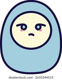 Sad-faced cute doll icon with downcast eyes and blue hood