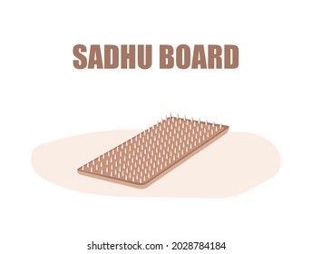 Sadhu board. Alternative medicine. Wooden board with nails for yoga practice. Meditation and relaxation. Vector illustration in flat cartoon style.