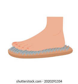 Junta de Sadhu. Cama de uñas. Ejercicio yogic. Placas de Meditación de Fuego. Escritorio de yoga. Un pie sobre las uñas. Práctica espiritual. Ilustración vectorial en estilo plano.