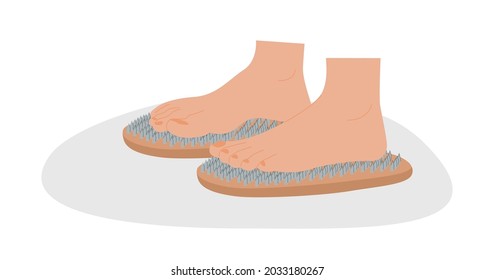 Sadhu Board. Bed of Nails. Yogic exercise. Fire Meditation Boards. Yoga desk. A feet standing on nails. Spiritual practice. Vector illustration in flat style.