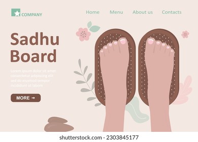 Sadhu board, landing page template. Legs stand on nails bed. Wooden board for yoga practice. Meditation and relaxation. Yoga desk and feet, top view. Alternative medicine and treatment. flat vector