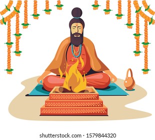 sadhu doing havan in front of fire vector illustration