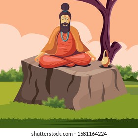 Sadhu Doing Meditation In Jungle Vector Illustration