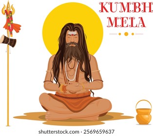 Sadhu meditating sitting in praying, Kumbh Mela festival in india . sadhu vector illustration