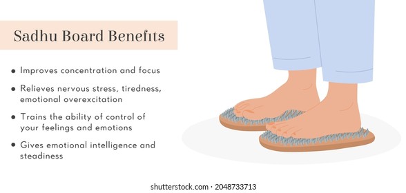 Sadhu Nails Boards Benefits information poster. Bed of Nails. Yogic exercise. Fire Meditation Boards. Yoga desk. A feet standing on nails. Spiritual practice. Vector illustration in flat style.