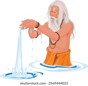 sadhu praying in a holy river, holding water in his hands