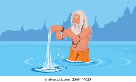 sadhu praying in a holy river, holding water in his hands