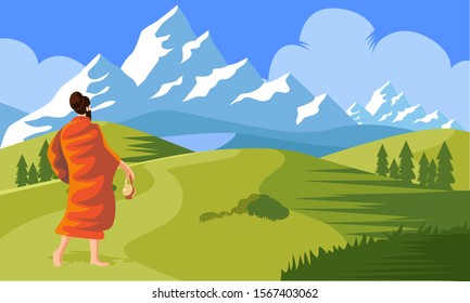 sadhu walking to mountain, himalaya vector illustration