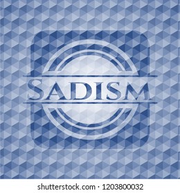 Sadism blue emblem with geometric pattern background.