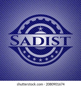 Sadist emblem with jean high quality background. Vector Illustration. Detailed. 