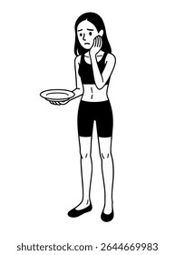 mulher triste vestindo sutiã esportivo e shorts, segurando um prato vazio, anorexia, ansiedade da imagem corporal e distúrbios alimentares, ilustração de vetor preto e branco