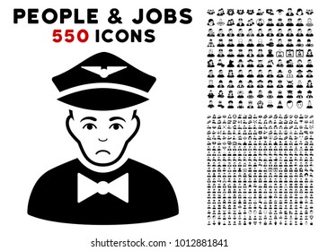 Sadly Airline Steward icon with 550 bonus pitiful and glad jobs pictographs. Vector illustration style is flat black iconic symbols.