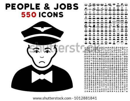 Sadly Airline Steward icon with 550 bonus pitiful and glad jobs pictographs. Vector illustration style is flat black iconic symbols.