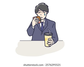 Sadly alone, a schoolboy or young man in a suit eating fast food