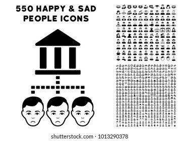 Sadly Bank Clients pictograph with 550 bonus pity and happy user pictograms. Vector illustration style is flat black iconic symbols.