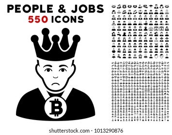 Sadly Bitcoin King pictograph with 550 bonus pitiful and happy person clip art. Vector illustration style is flat black iconic symbols.