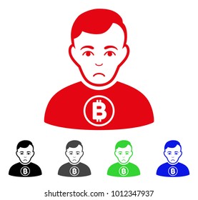 Sadly Bitcoin Man vector pictograph. Vector illustration style is a flat iconic bitcoin man symbol with grey, black, blue, red, green color versions. Face has depressed emotion.