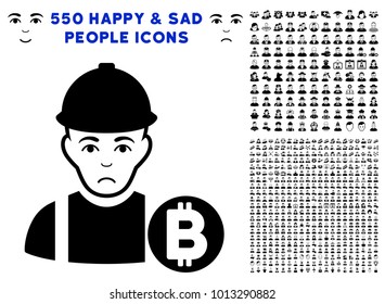 Sadly Bitcoin Miner icon with 550 bonus pity and glad person symbols. Vector illustration style is flat black iconic symbols.