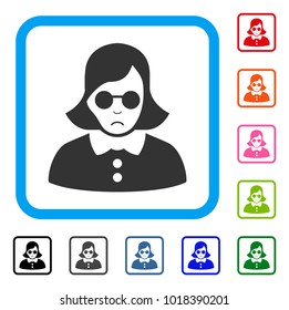 Sadly Blind Woman vector pictograph. Human face has mourning expression. Black, gray, green, blue, red, pink color versions of blind woman symbol inside a rounded rectangle.