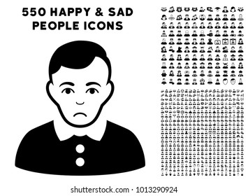 Sadly Boy pictograph with 550 bonus pitiful and happy people pictograms. Vector illustration style is flat black iconic symbols.