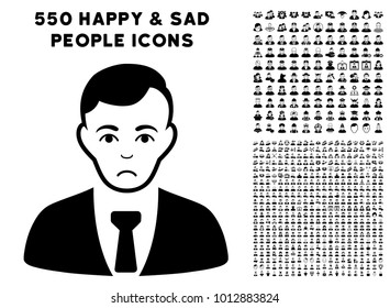 Sadly Businessman icon with 550 bonus pity and happy person pictographs. Vector illustration style is flat black iconic symbols.