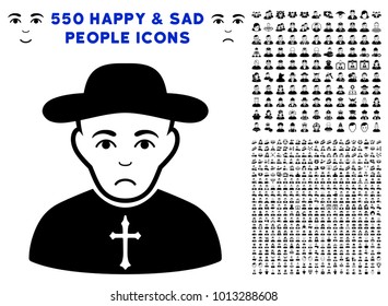 Sadly Christian Priest icon with 550 bonus pity and glad person pictures. Vector illustration style is flat black iconic symbols.