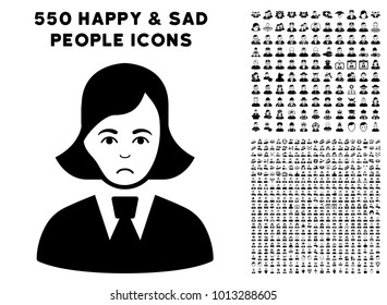 Sadly Clerk Lady pictograph with 550 bonus pity and happy men pictograms. Vector illustration style is flat black iconic symbols.