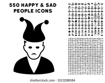 Sadly Clown icon with 550 bonus sad and glad people design elements. Vector illustration style is flat black iconic symbols.