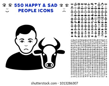 Sadly Cow Farmer pictograph with 550 bonus pity and happy men images. Vector illustration style is flat black iconic symbols.