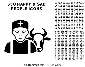 Sadly Cow Veterinarian pictograph with 550 bonus pitiful and happy person design elements. Vector illustration style is flat black iconic symbols.