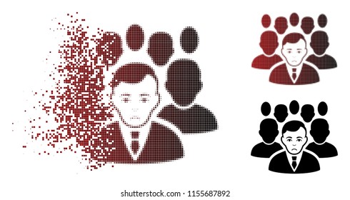 Sadly crowd icon in dissolved, pixelated halftone and undamaged entire versions. Particles are arranged into vector dispersed crowd pictogram. Person face has problem emotions.