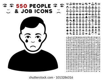 Sadly Crying Boy icon with 550 bonus pitiful and glad user pictures. Vector illustration style is flat black iconic symbols.