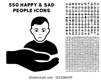 Sadly Customer Support Hand icon with 550 bonus pity and happy men design elements. Vector illustration style is flat black iconic symbols.