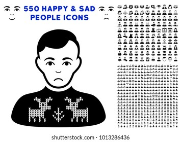 Sadly Deers Pullover Boy pictograph with 550 bonus pity and happy user pictures. Vector illustration style is flat black iconic symbols.