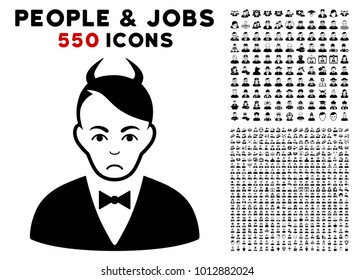 Sadly Devil pictograph with 550 bonus pitiful and glad person pictographs. Vector illustration style is flat black iconic symbols.