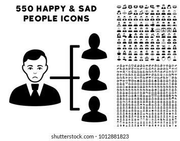 Sadly Distribution Manager icon with 550 bonus pitiful and happy user icons. Vector illustration style is flat black iconic symbols.