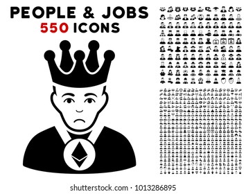 Sadly Ethereum Lord pictograph with 550 bonus pitiful and happy men clip art. Vector illustration style is flat black iconic symbols.