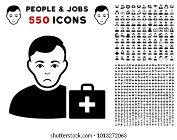 Sadly First-Aid Man pictograph with 550 bonus pity and glad user icons. Vector illustration style is flat black iconic symbols.