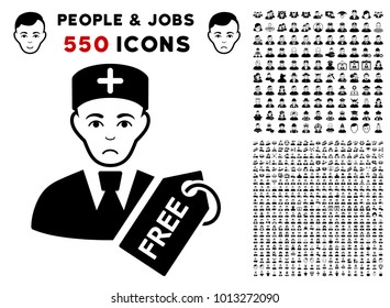 Sadly Free Doctor icon with 550 bonus pity and happy men pictographs. Vector illustration style is flat black iconic symbols.