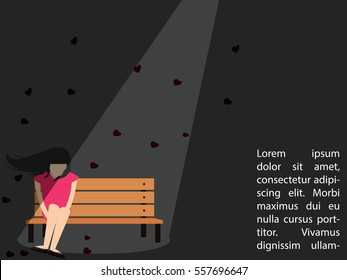 Sadly girl sat with a sombre, brooding on the bench in the darkness looks like she is very unhappy. In vector style.